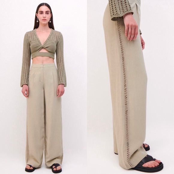 JONATHAN SIMKHAI Khaki Sage Linen High Rise Wide Leg Crochet Trim Trousers 10 - Picture 9 of 11